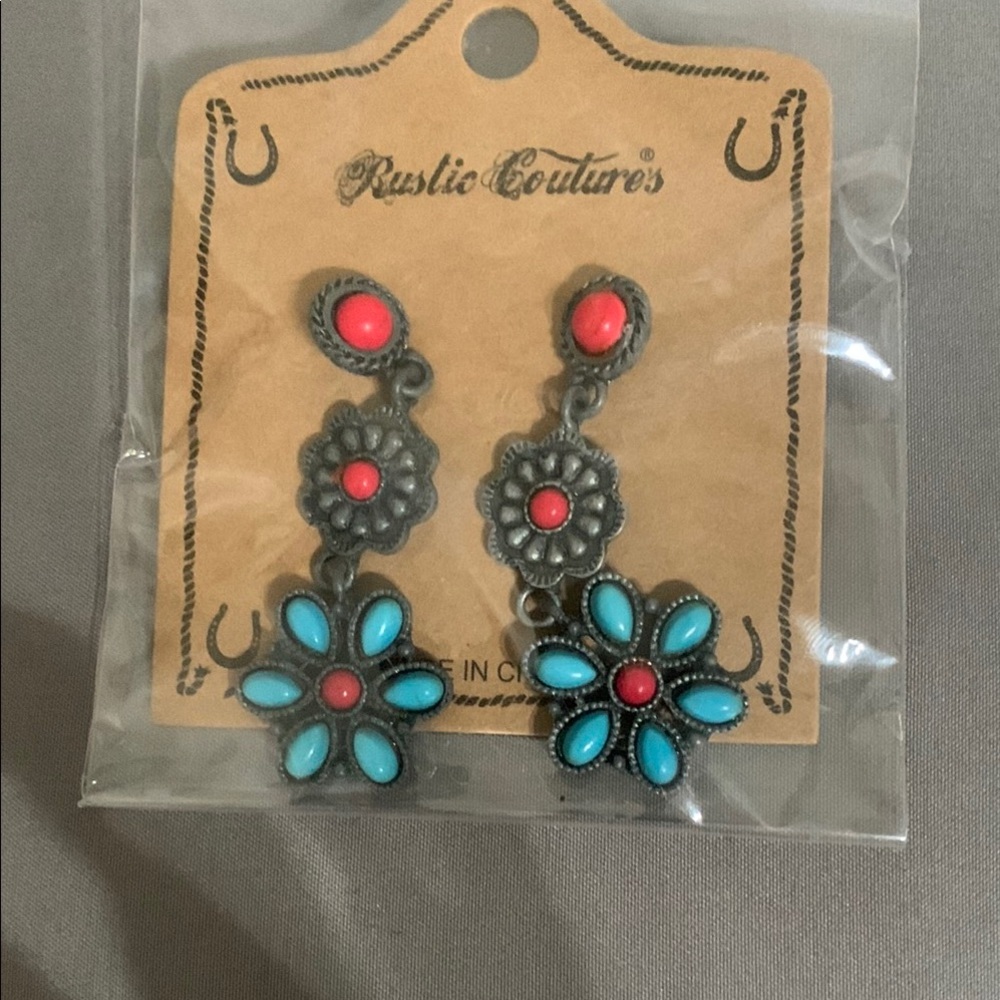Rustic Cuff Floral Earrings - Turquoise and Coral